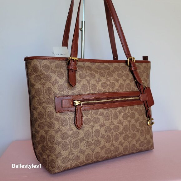 COACH Taylor Signature Logo Canvas Tote with C Dangle Charm-Tan Rust color ⭐ - Picture 2 of 16